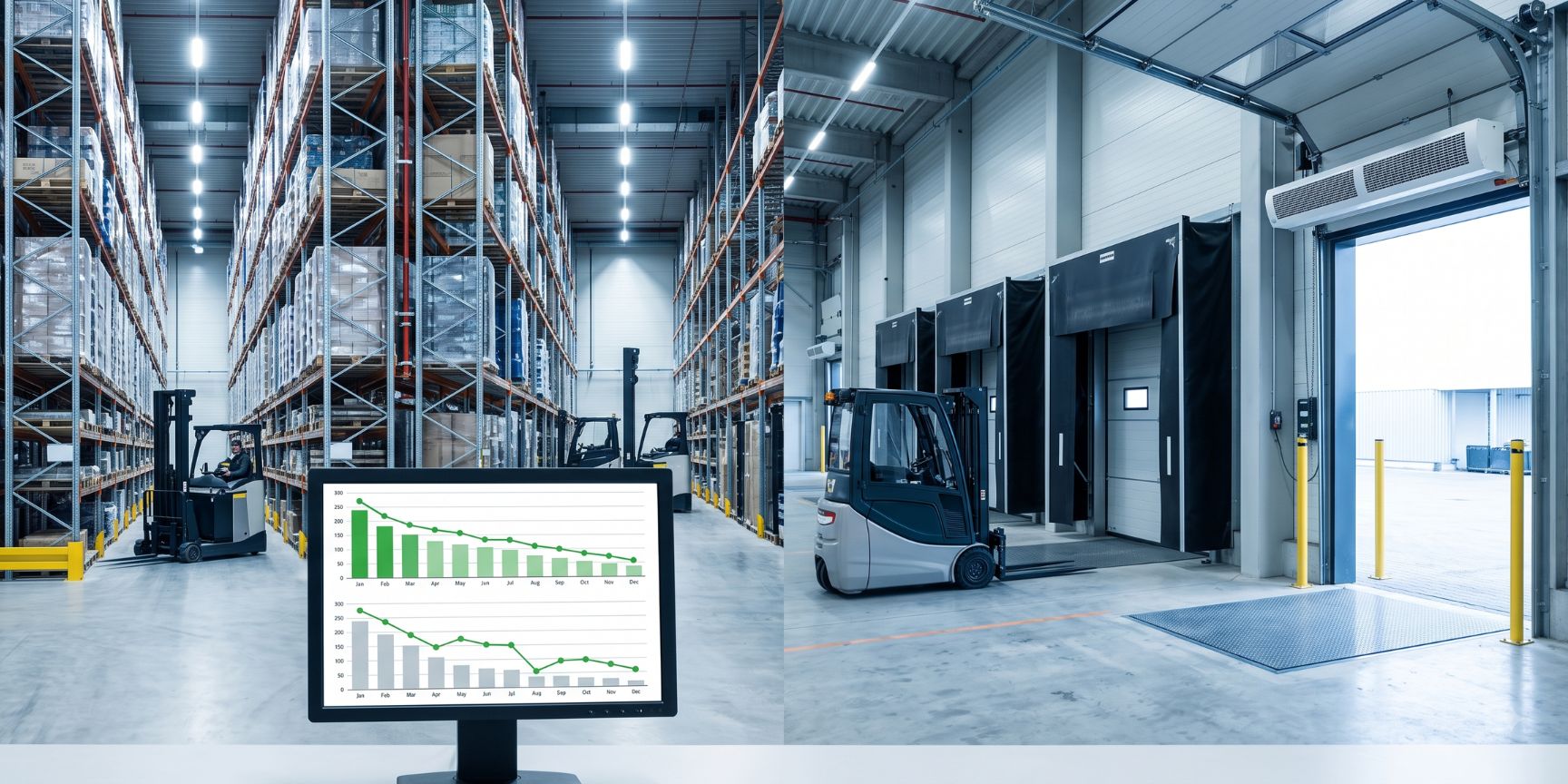 Barrier-free image of a modern warehouse interior. Displays sensor-controlled LED lighting, dock shelters on ramps and energy efficiency graphics (Label A).